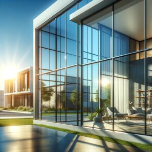 A contemporary home with large, ceramic-tinted windows reducing glare and heat, set against a sunny backdrop, showcasing the efficiency and aesthetic enhancement of ceramic window tints in residential architecture.