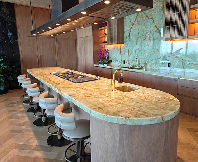 Glossy onyx countertop protected with clear polyurethane film